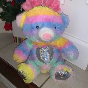 Happy Hearts Colorful Rainbow Metallic Silver Heart Teddy Bear Plush